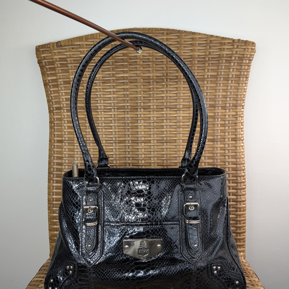 Mark Cross 1845 Black Patent Leather Snake Print Bag Shoulder Handbag Purse